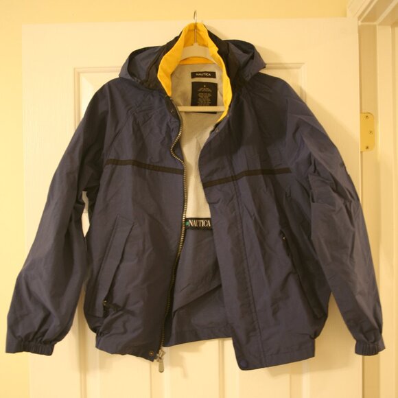 Nautica Men's NS 83 Full-Zip Hooded Rain Jacket, Size Small, Blue w/Yellow Trim - Picture 1 of 3